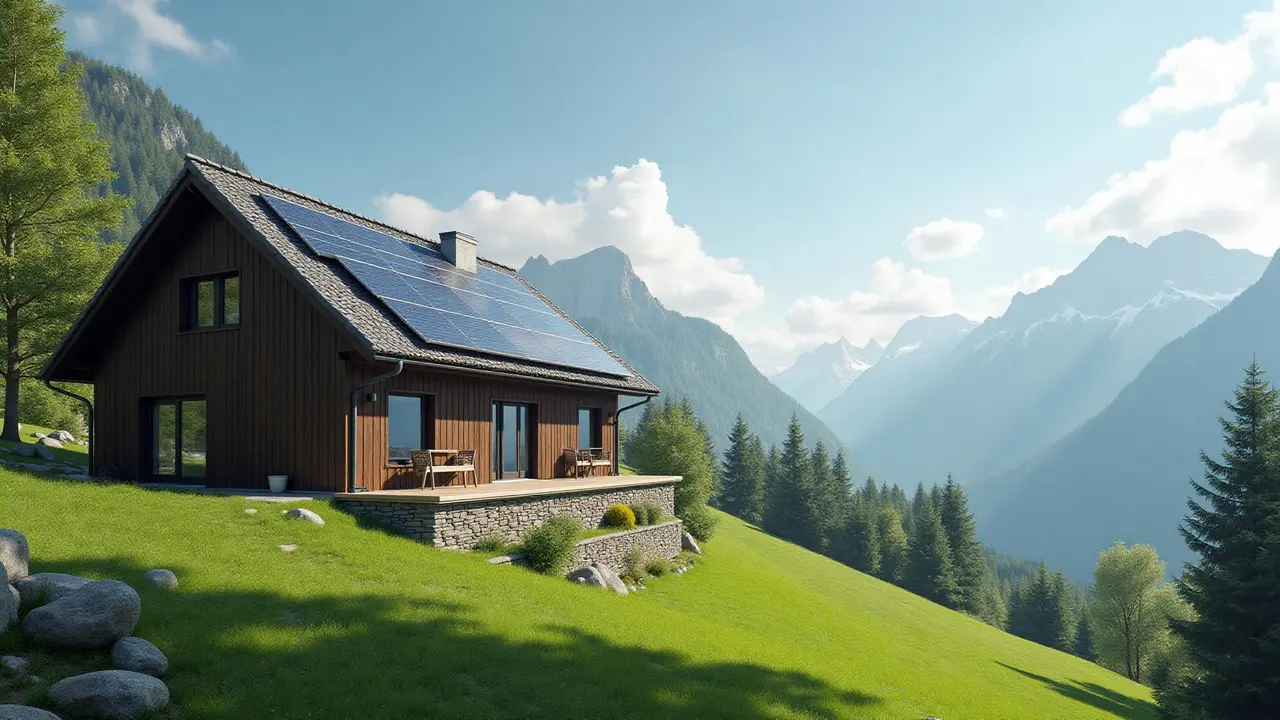 Maison suisse avec panneaux solaires en montagne